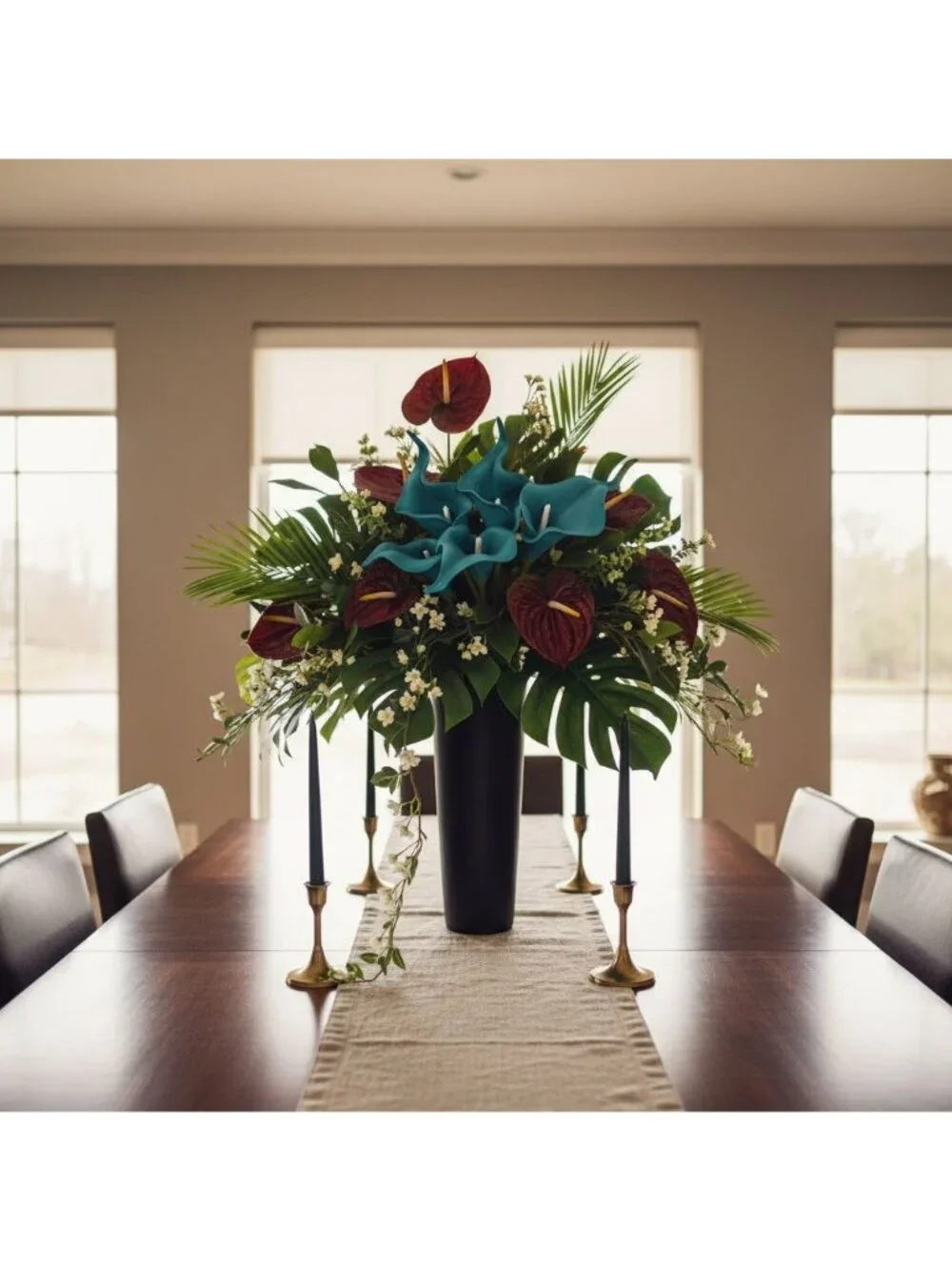 Teal Calla Lily Stems Faux Floral Bouquet Peacock Blue Flowers 5 Stem Bunch Mode